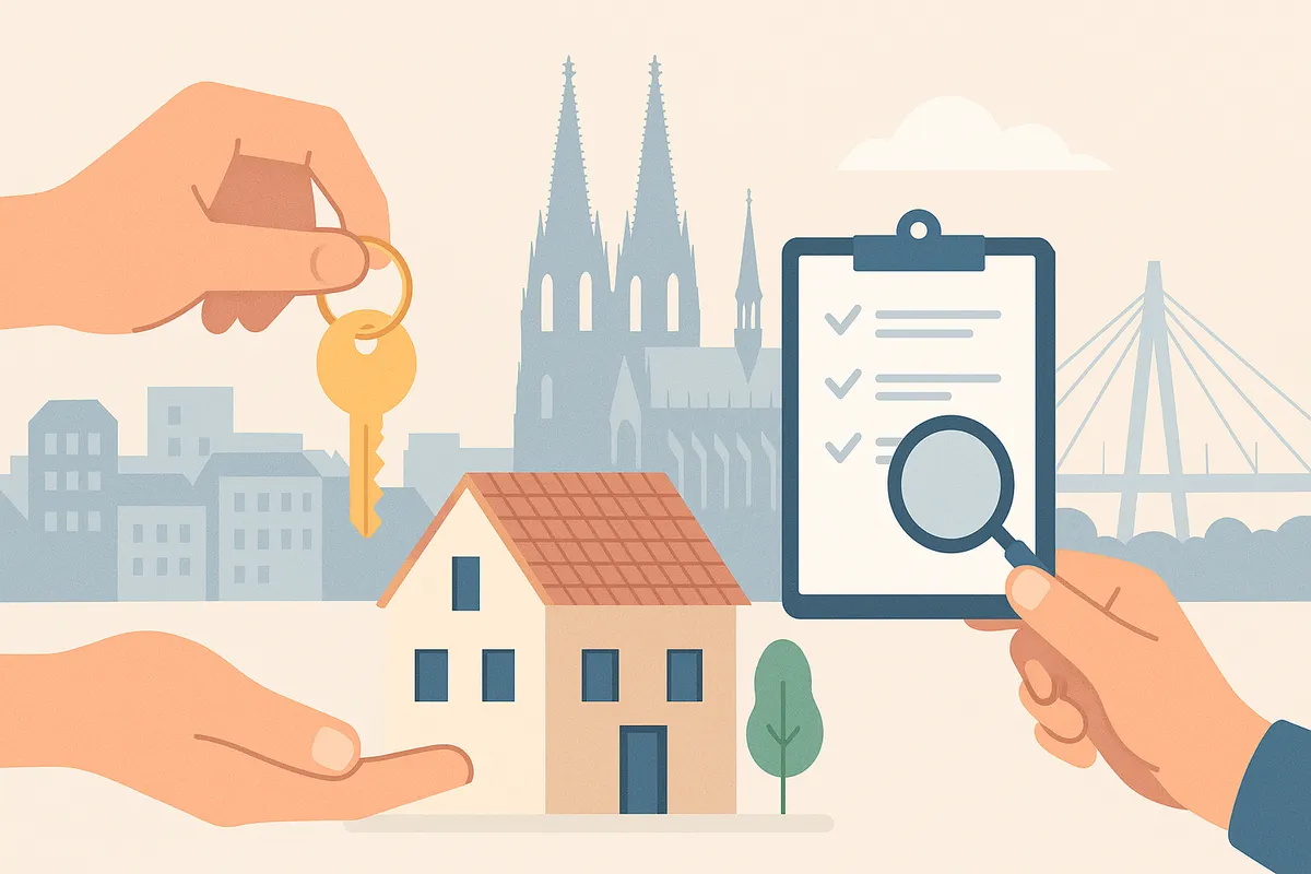 Moderne Illustration eines Immobilienkaufs in Köln mit sanften Farben und minimalistischem Design.